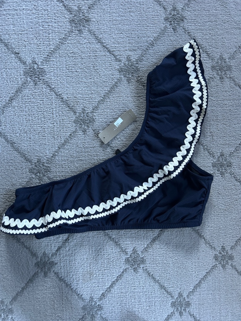 J. Crew Navy One-Shoulder Ruffle Bikini Top with White Scallop Trim